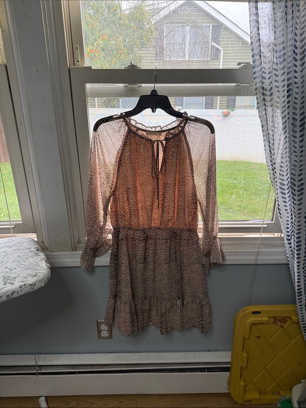 ILLA ILLA Sheer Long-Sleeve Tiered Dress in Brown and Cream